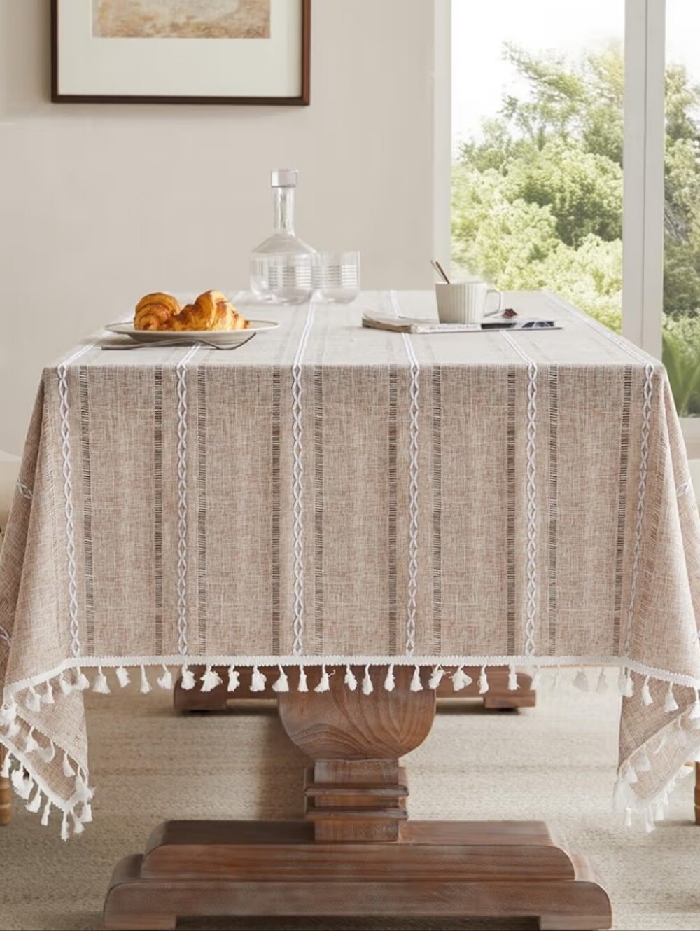 Neutral Beige Tassel Stripe Tablecloth Size 54x70